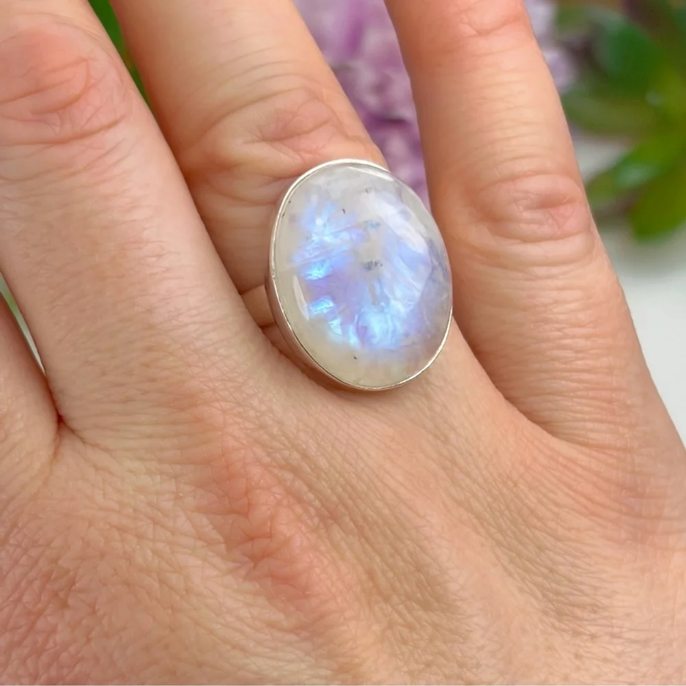 Rainbow Moonstone Gemstone Ring Size 8 1/2 8.5 Pure Sterling Silver 925 Boho New